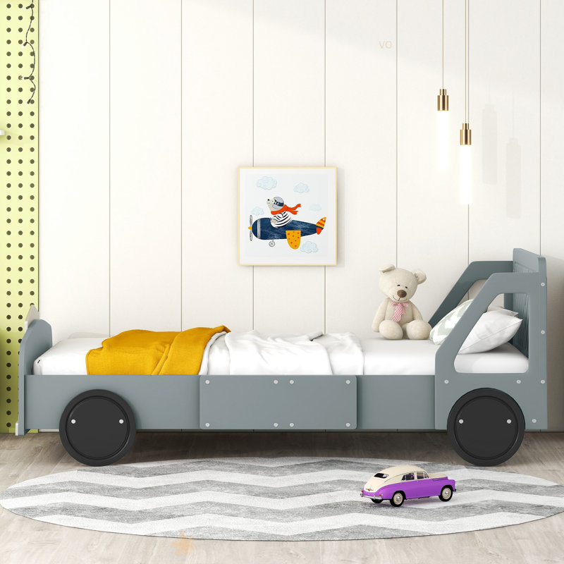 Lit plateforme en forme de voiture avec roulettes, Lit simple, Gris