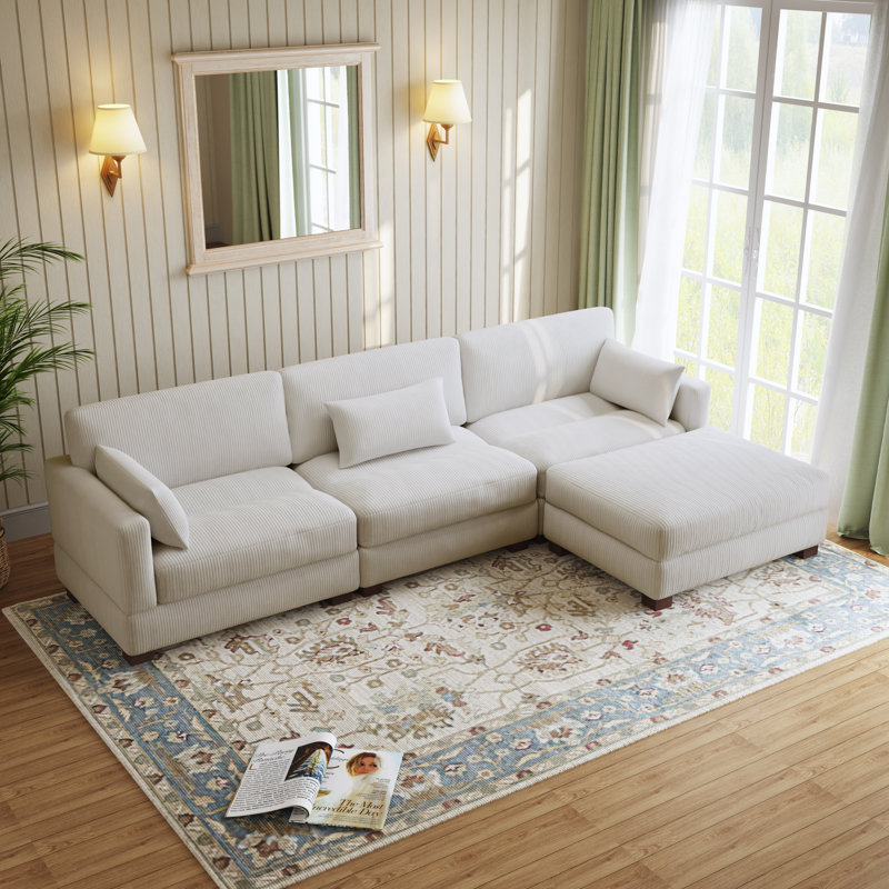 Maelina 4 - Piece Upholstered Sea Salt Grey Corduroy Modular Sectional Sofa with Pillow Back and Removable Ottoman