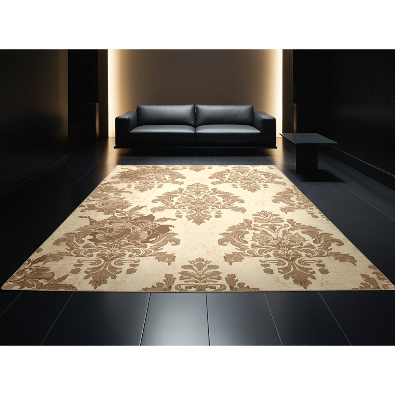 Tapis beige doux et moelleux à motif damas Midwood, Rond 7 pi