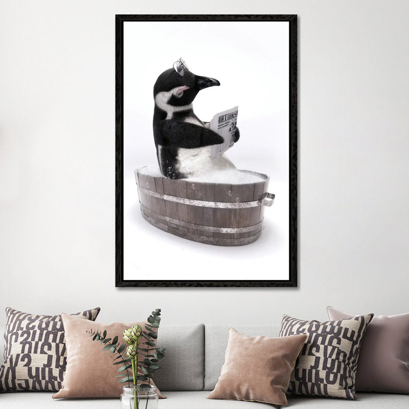 Penguin In A Wooden Bathtub by Jauffrey Philippe - Gallery-Wrapped Canvas Giclée on Canvas, Black Floater Framed