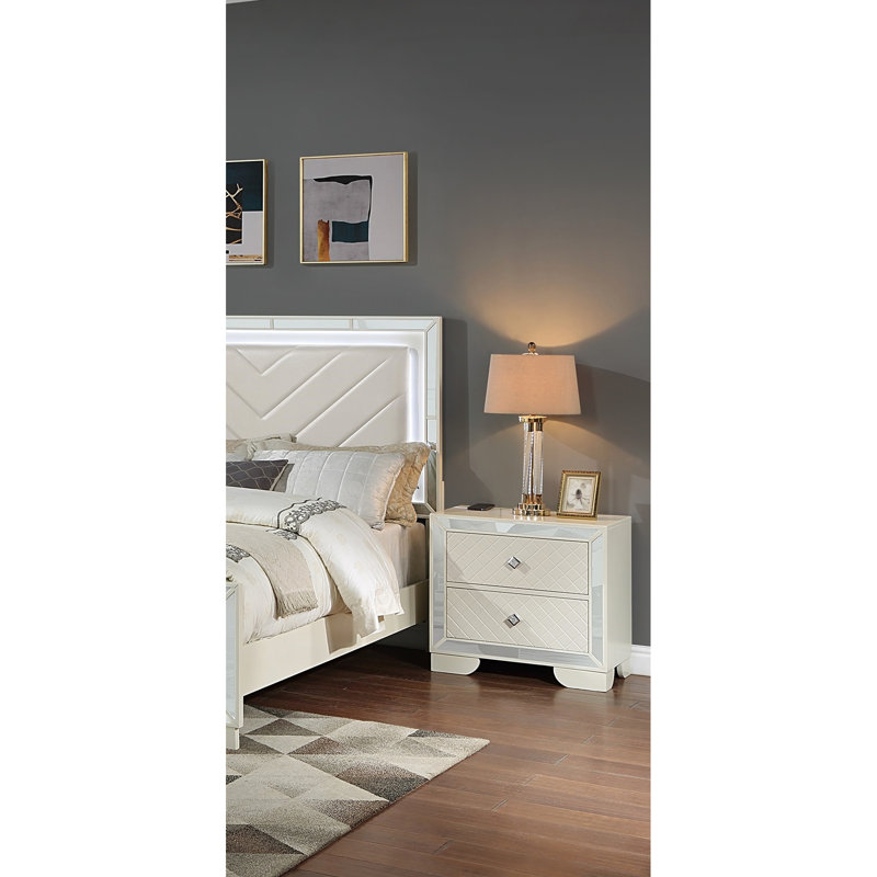 Table de chevet classique Classic Luxury Look avec 2 tiroirs, chargement sans fil et plateau en bois