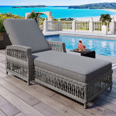 Long Reclining Chaise, Outdoor Wicker Lounge with Armrests, Patio Adjustable Recliner with Soft Removable Cushions, All Weather Rattan Pool Lounge for Poolside & Garden
