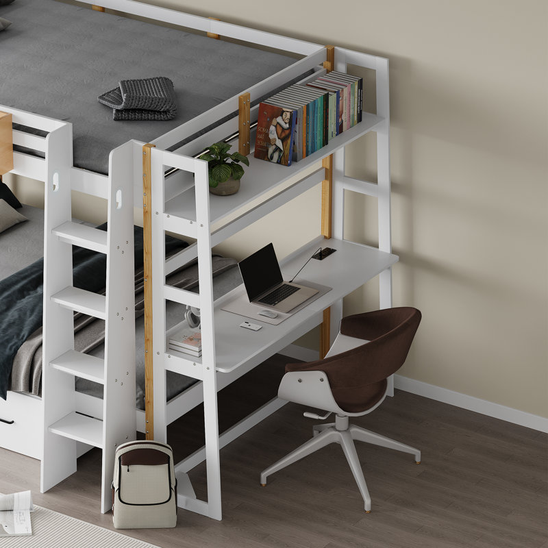 Lit superposé en bois massif avec bureau convertible, prises intégrées, lumières DEL et tiroirs de rangement, Twin