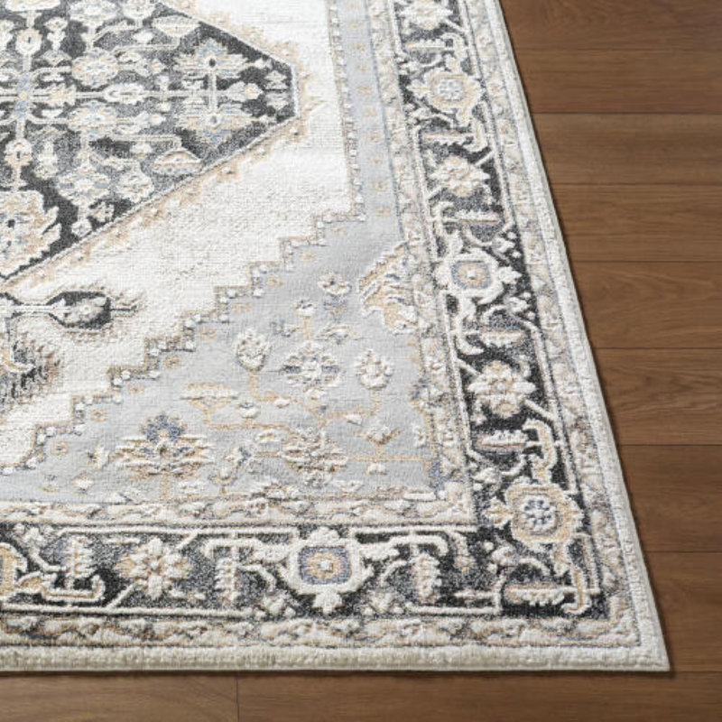 Rectangle Clotilde Oriental Machine Woven Polyester Area Rug in White/Gray/Black, Rectangle 5'3" x 7'