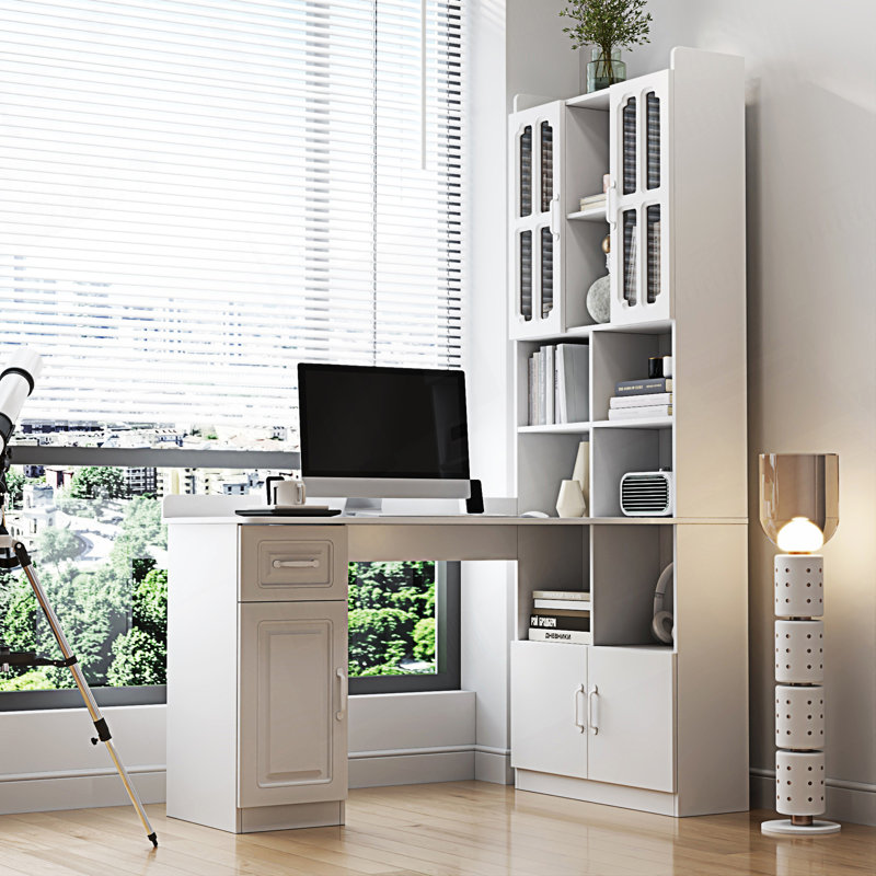 Bureau d'ordinateur d'angle en L, table d'étude de style moderne avec tiroirs, bibliothèque et huche, Blanc