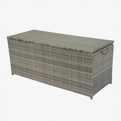 Boîte de rangement extérieure, boîtes de terrasse de patio en osier 113 gallons avec couvercle, rangement de coussins pour jouets d'enfants, oreillers, serviette en osier gris