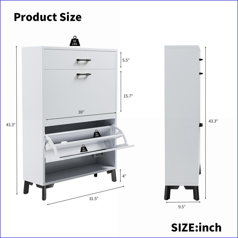 Shoe Storage Cabinet, Snow White Minimalist Entryway Organizer with 2 Flip Drawers, Hidden Rack, 32x10x43in, White