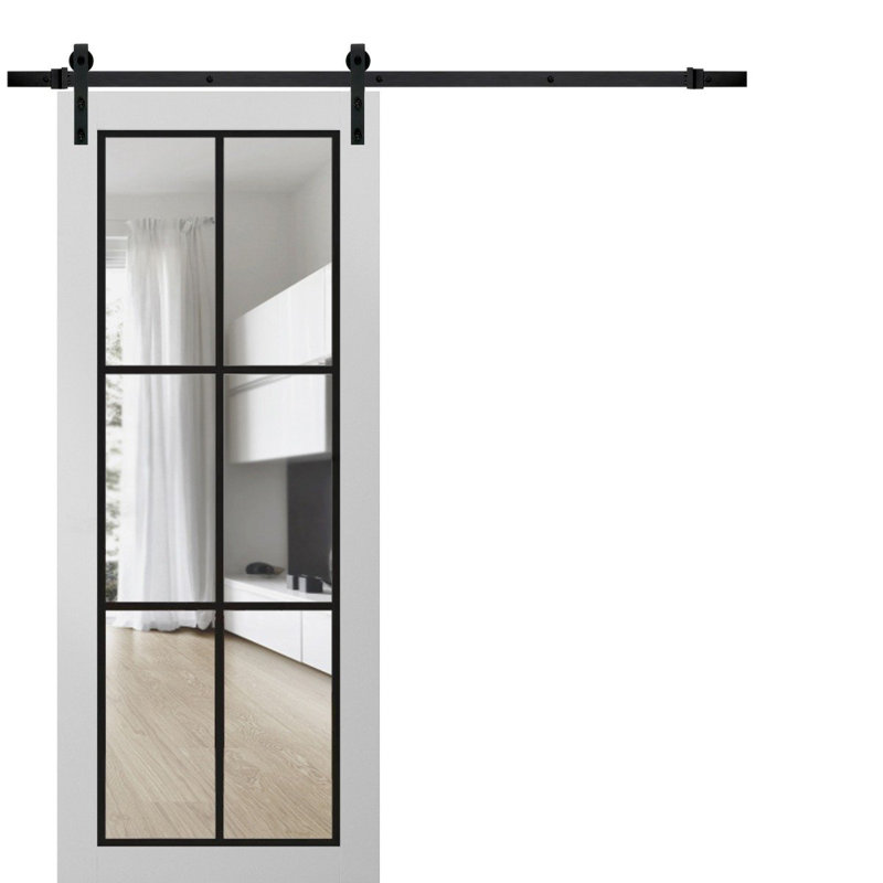 Porte de grange robuste en verre trempé transparent Lucia 2366 Blanc Soie de 2 m (6,6 pi) avec rails noirs et quincaillerie renforcée. Porte intérieure moderne à panneaux pleins - 107 cm x 213 cm (42 po x 84 po) - Verre transparent - Rail noir