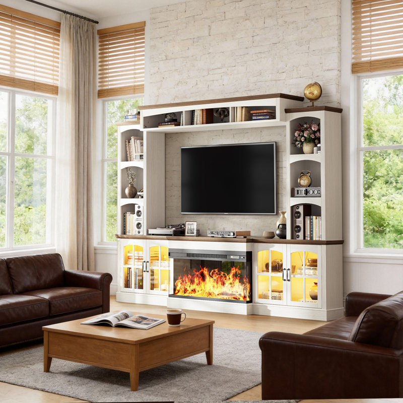 98" TV Stand with Electric Fireplace and Glass Cabinet, Adjustable Shelves & Cable Holes,  Farmhouse Wall Unit Entertainment Center With 3-Sided Electric Fireplace TV Stand For Tvs Up To 75", White