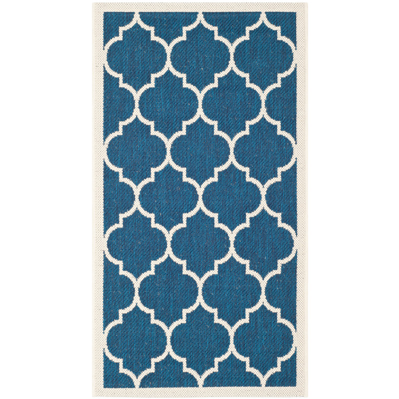 Courtyard Performance Geometric Indoor/Outdoor Area Rug, Rectangle 2'7" x 5', Beige/Navy