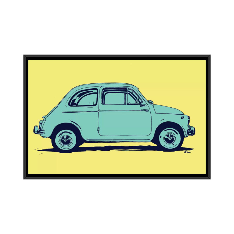 Fiat 500, peinture sur toile tendue, H 40 po x l 60 po x P 1,5 po, Toile avec cadre noir, Pas de tapis