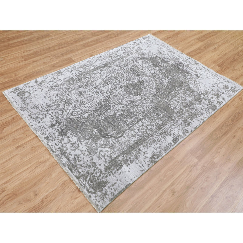 Tapis décoratif noué à la main gris New Age de conception unique 6 pi x 9 pi