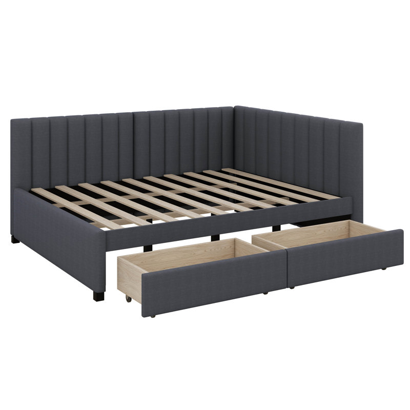 Aynslie Full Size Upholstered Daybed with 2 Storage Drawers Sofa Bed Frame, Dark Gray