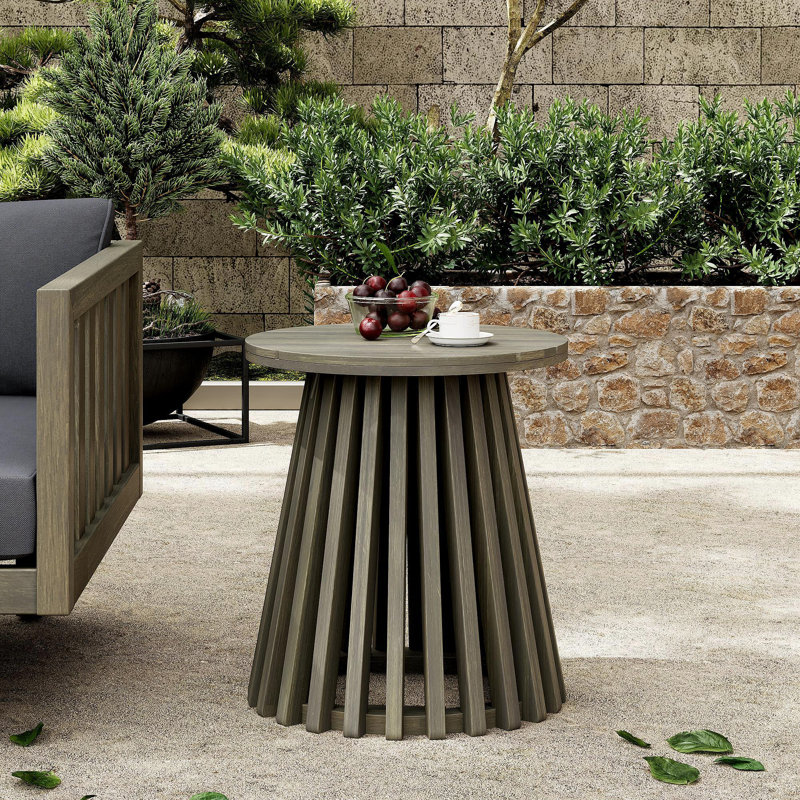 Outdoor Acacia Wood Patio Side Table, Round Coffee Table For Backyard, Lawn, Balcony,Grey Finish, Gray