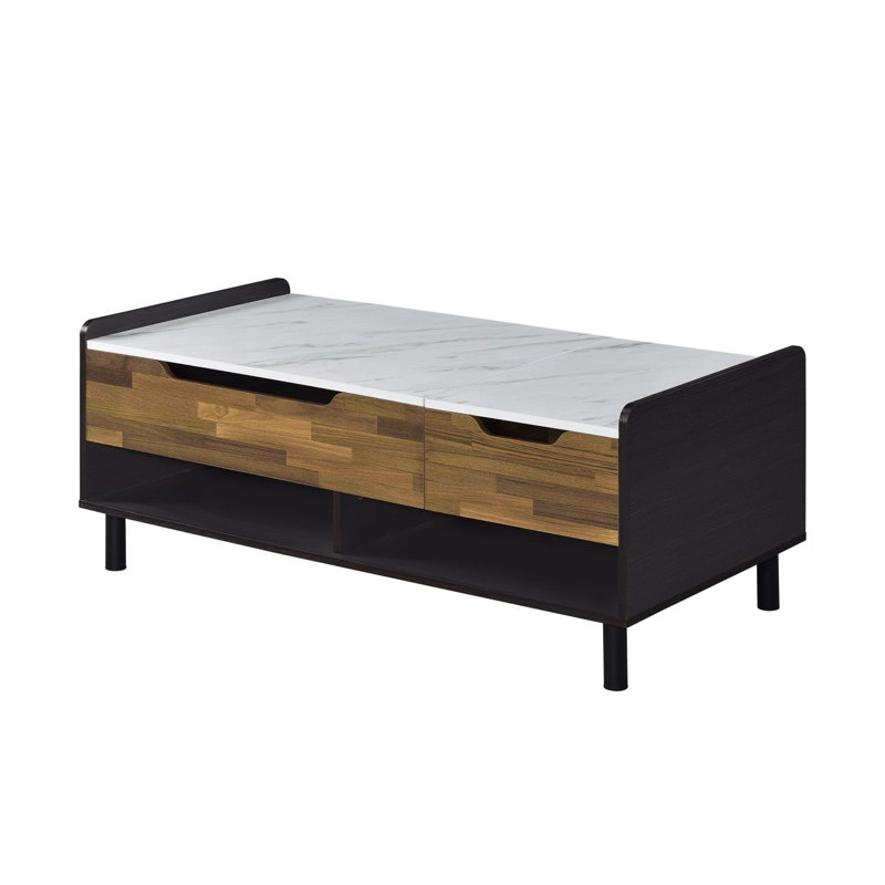 Table basse Axel avec faux marbre imprimé et finition noire avec plateau relevable