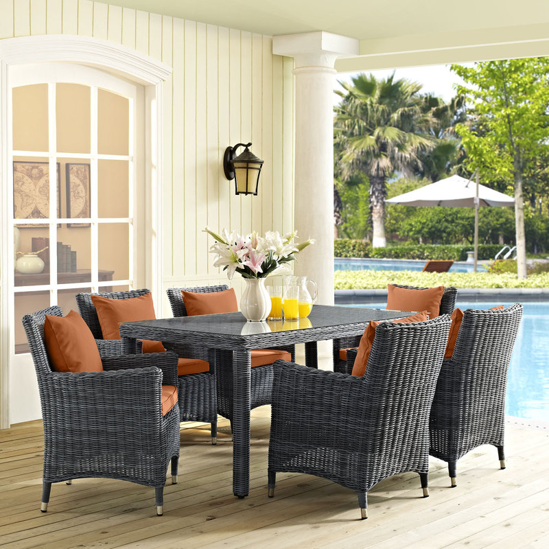 Modway Summon 7 Piece Dining Set, Antique Beige Sunbrella® Canvas, 83" L x 39.5" W