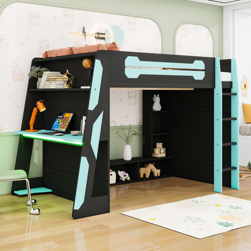 Lit mezzanine double avec bureau et rangement intégrés, Bleu nuage