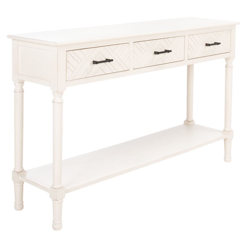 Stylish Chupp 47.3'' Console Table –Solid Wood Top with Storage Drawers, Turned Legs & Display Shelf, Distressed White