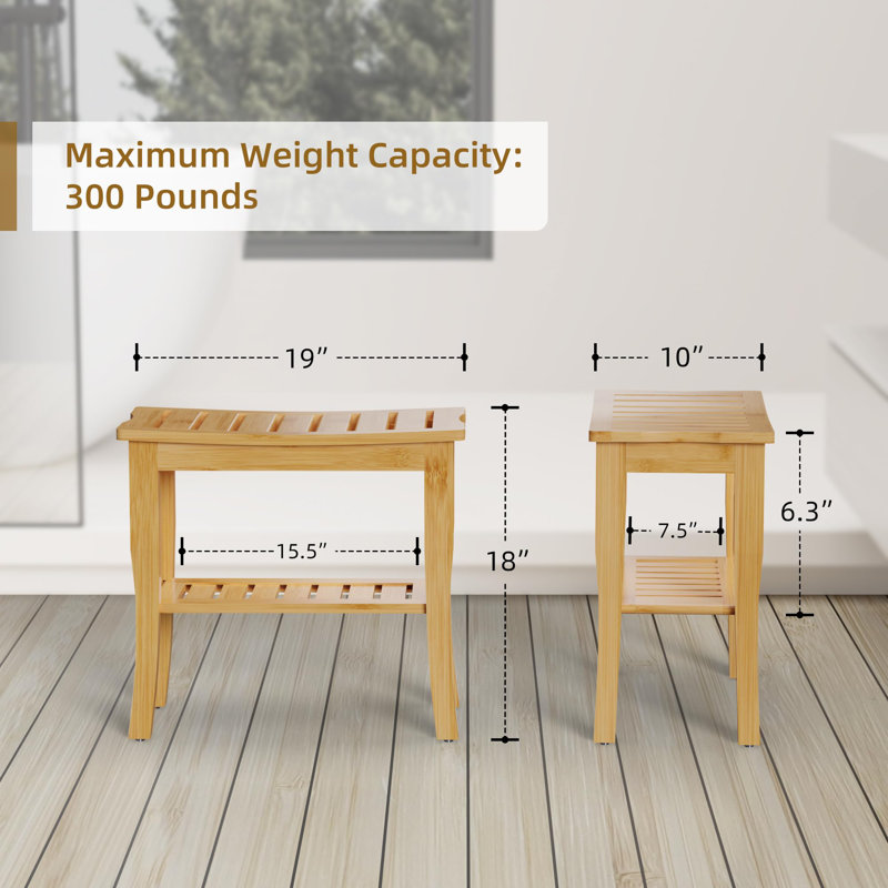 Bamboo Shower Bench & Stool Waterproof - Wood Shower Bench With Storage Shelf For Inside Shower(Classic Natural)
