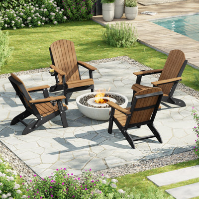 HDPE Folding Adirondack Chair with 3-Position Adjustable Back and Cup Holder, All-Weather Heavy Duty Outdoor Furniture Set for Backyard and Pool