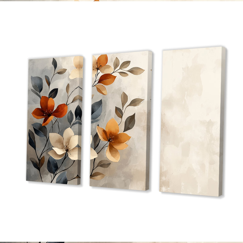 Fleurs de cerisier botaniques orange gris II - ensemble de décorations murales fleurs de cerisier, Toile tendue