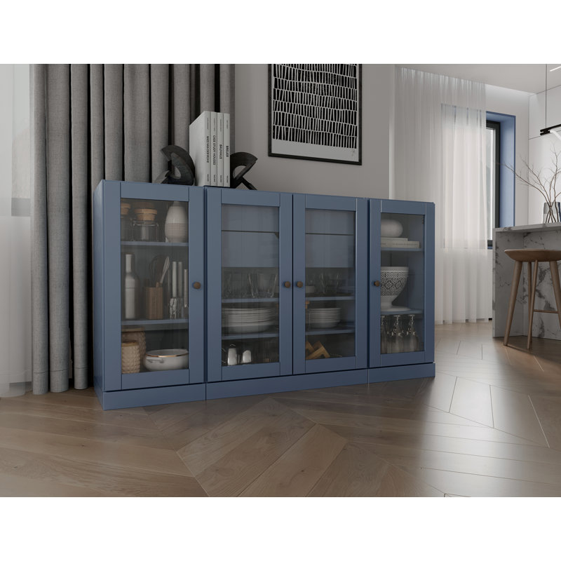 100% Solid Wood 65" Sideboard with Clear Glass Doors, 2-Drawers and Adjustable Shelves, Antique Blue