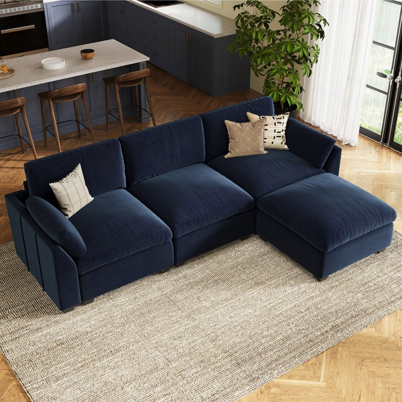 Canapé modulaire en L avec repose-pieds, Velours bleu