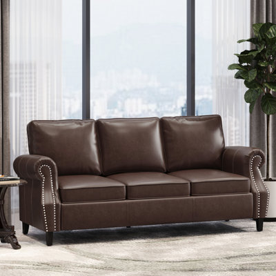 3 futon en similicuir avec rangement, style contemporain, garniture cloutée, bouleau brun foncé, cuir, roulé, accents, pieds
