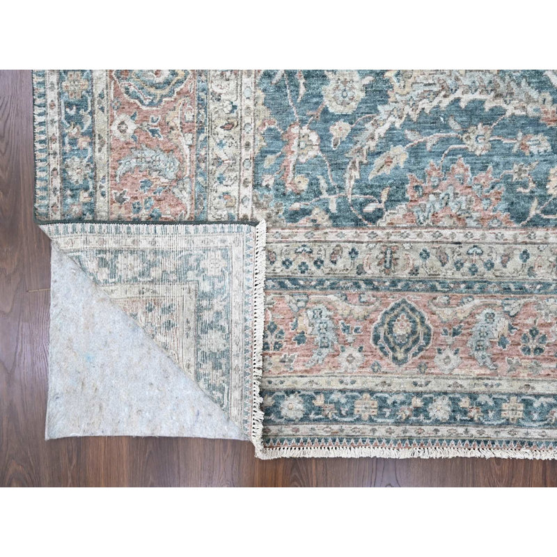 Tapis oriental bleu sarcelle en laine noué à la main 9 pi 0 po x 11 pi 10 po - MOA10210173