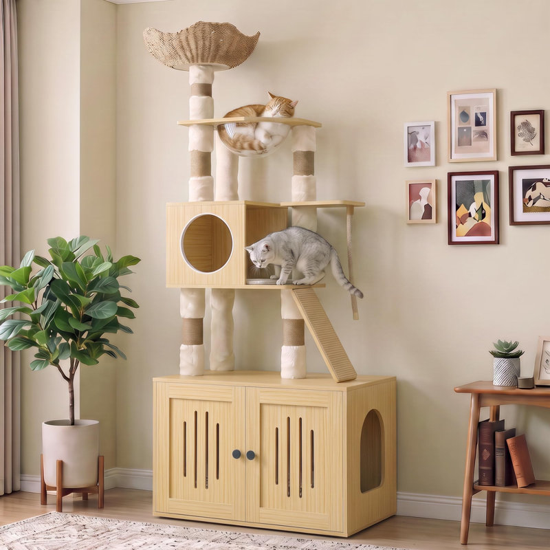 Arbre à chat de 170 cm avec bac à litière et mangeoire intégrés, grand hamac et coussins lavables, chêne., Jaune