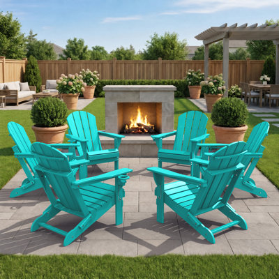 Set Of 6 Folding Adirondack Chairs, Firepit Chairs, Cup Holder, All-Weather HDPE