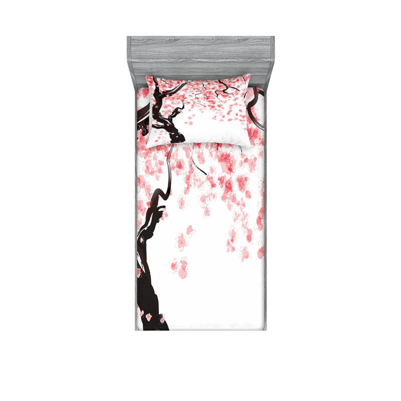 Drap-housse et coussin décoratif japonais Ambesonne, noir et rose, Ensemble de draps pour lit simple + deux taies d'o