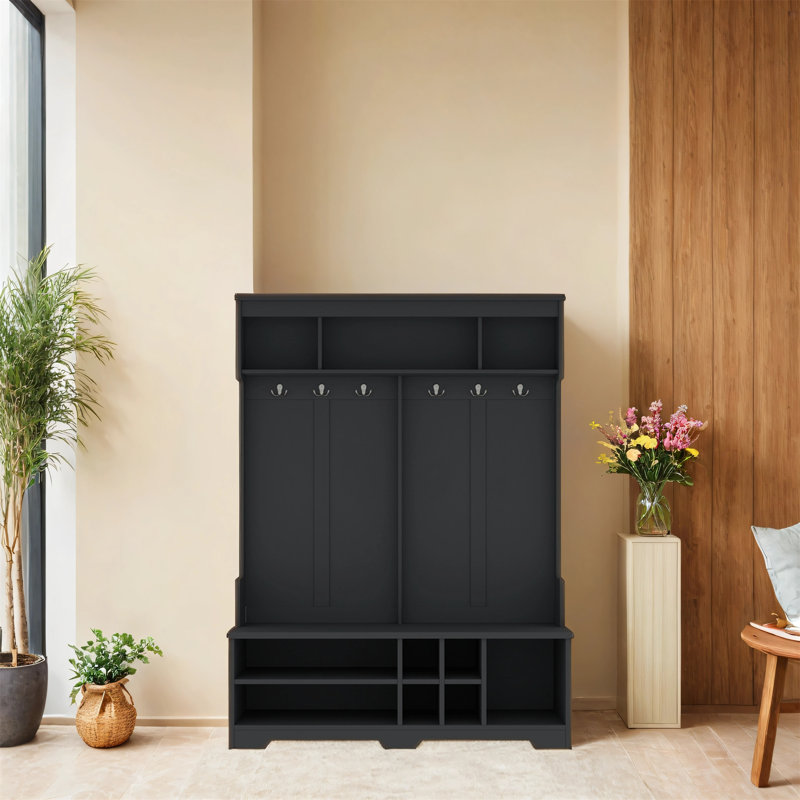 Equipped With Metal Hooks And Storage Space Coat Rack At The Entrance, Black