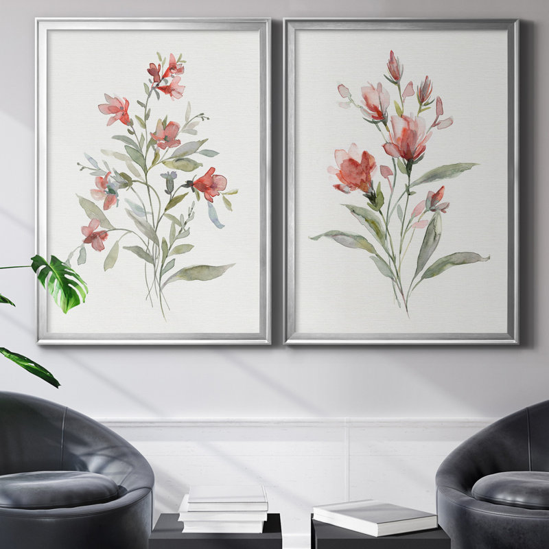 Lin botanique corail III - ensemble de 2 reproductions d'art, H 22,5 po x l 61 po x P 1,5 po, Toile encadrée argentée