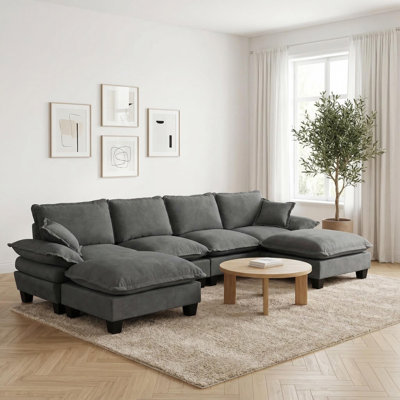 Canapé modulaire modulaire, canapé en U en forme de nuage avec conception de voilier, canapé en chenille confortable à 6 places avec repose-pieds mobile pour le salon, gris
