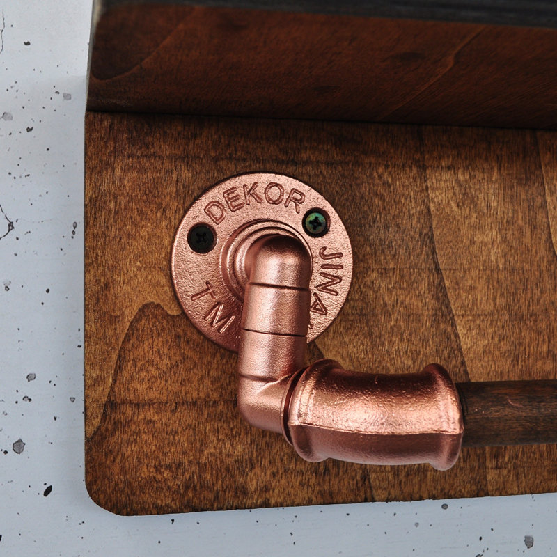 Handmade Industrial Copper Pipe Wall Mounted Toilet Paper Holder With Rustic Wood Shelf