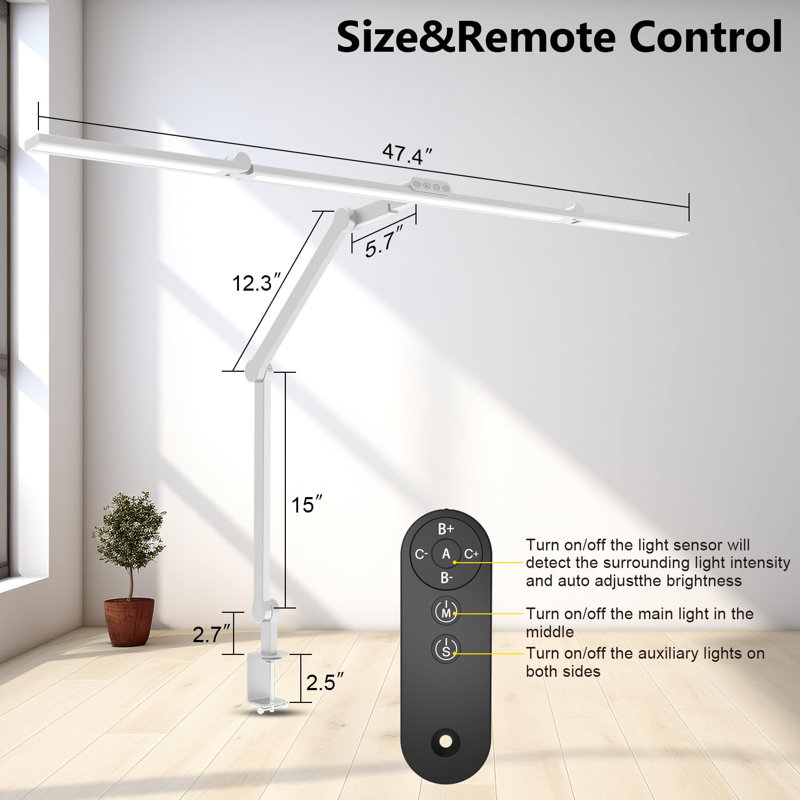 36W Ultra Bright Architect Desk Lamp With Clamp, Tall Overhead Rotatable Led Desk Light For Home Office, 47Inch Long Adjustable Monitor Light Bar With Remote For Computer Screen Desktop Table