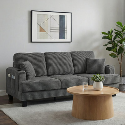 84" Corduroy Sofa with USB Charging Ports, Built-In Cup Holders & Side Pockets – Upholstered Living Room Couch