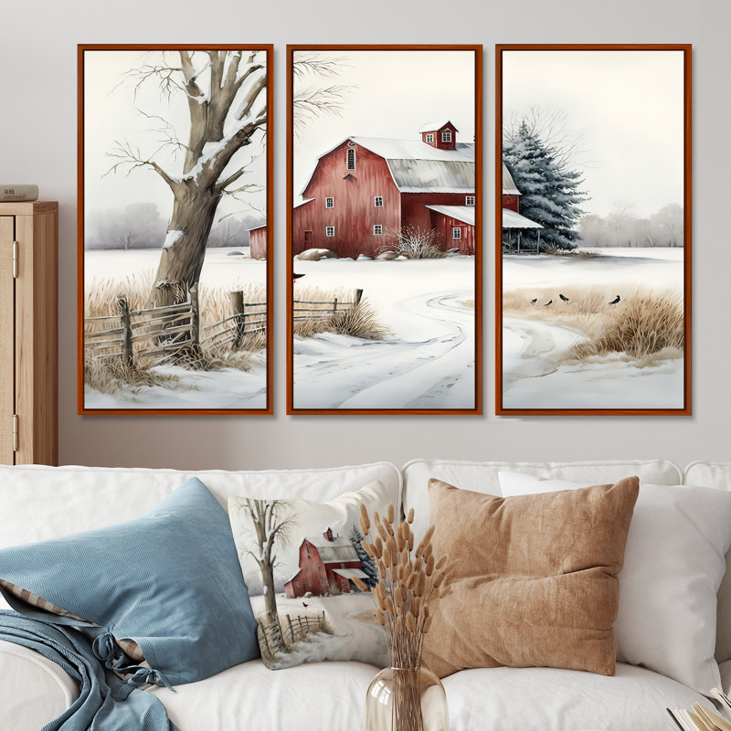 Calm Red Barn In Winter III - 3 pièces sur toile, Cadre flottant noir, H 28 po x l 36 po
