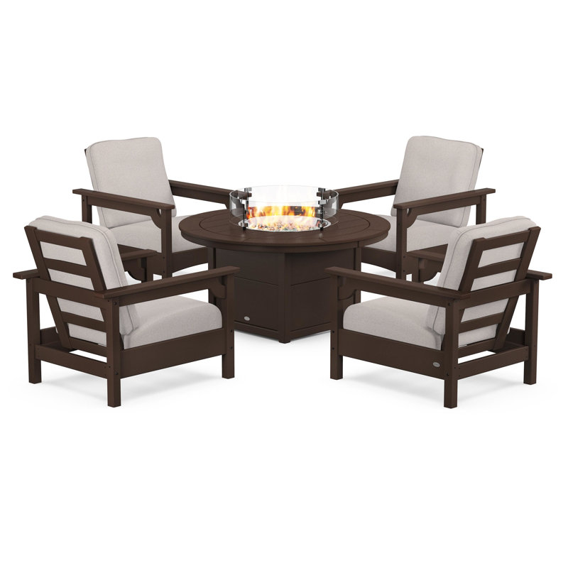 Club 5-Piece Conversation Set with Fire Pit Table, Mahogany, Dune Burlap