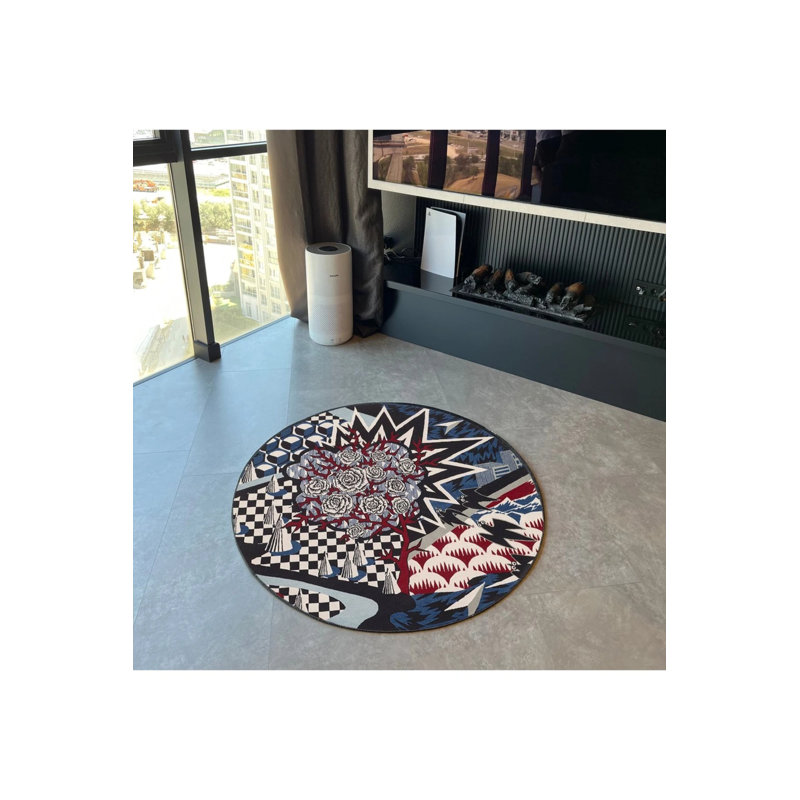 Black And White Colorful Checkerboard Abstract Geometric Round Woven Floor Carpet, Round 3'4"