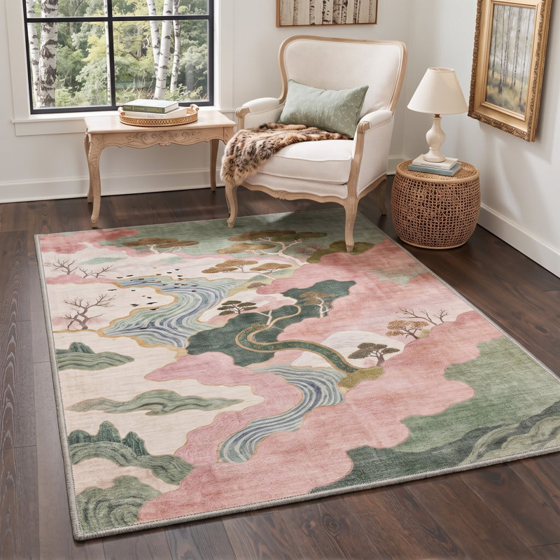 Tapis lavable à paysage oriental Ascentia Chinoiserie, Rectangle 6 pi x 9 pi