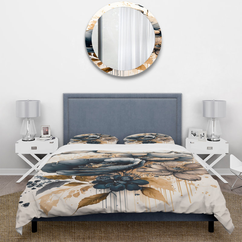 Ensemble de housse de couette Poppy Flowers III bleu marine et or - Polyester en microfibre