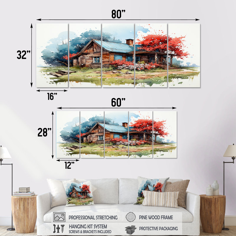 Maison de campagne avec arbre rouge, aquarelle - paysage, art mural 5 pièces, H 32 po x l 80 po