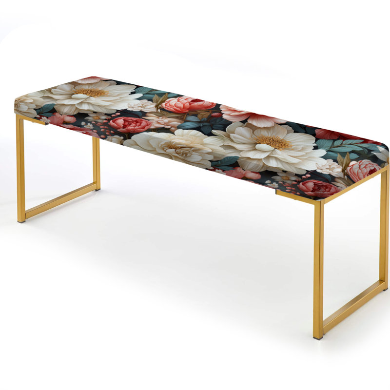 Upholstered Gold Bench, Vintage Boho Flower Peonies Blooms
