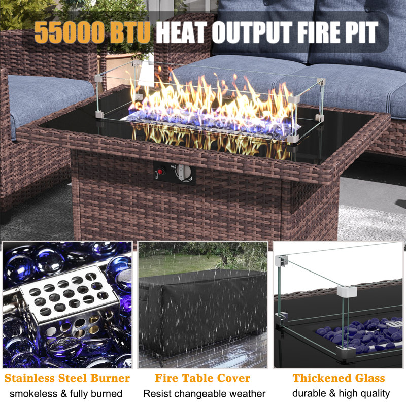 Lark Manor™ 10 Pieces Patio Furniture Set with Swivel Chairs, Rattan Wicker Rocking Glide Chairs with 44" Propane Gas Fire Pit Table Conversation Set