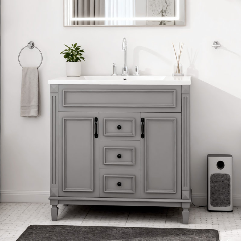 Meuble-lavabo simple 36 po avec 2 portes et tiroirs à fermeture douce, Gris