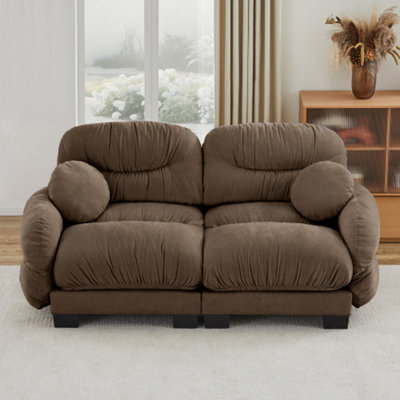 Pleated Design Cozy Chenille Fabric 2 Seater Modular Sofa with High-Density Ergonomic Foam Seat, Curved Round Armrests and 2 Round Throw Pillows,Brown