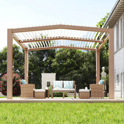 11x13 ft Louvered Pergola - Wood Grain Aluminum Hardtop Gazebo with Adjustable Roof & Hidden Drainage - Heavy Duty Outdoor Metal Canopy for Patio, Deck, Backyard - Wind & Snow Resistant Shade
