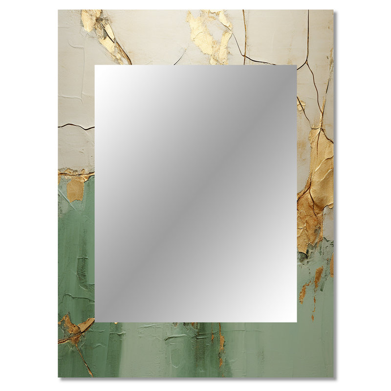 Green Gold Minimalism Poteries - Abstract Spirals Wall Mirror, Modern Decorative Mirror, Printed Metal Art, 40" x 30"
